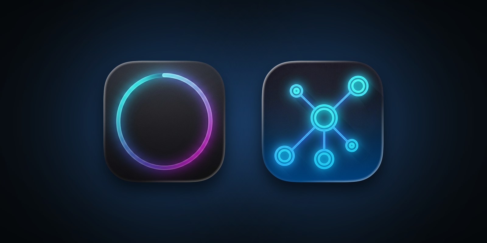 Stasis and Tachyon app icons side by side: a neon battery ring and a neon network graph, both on dark tiles