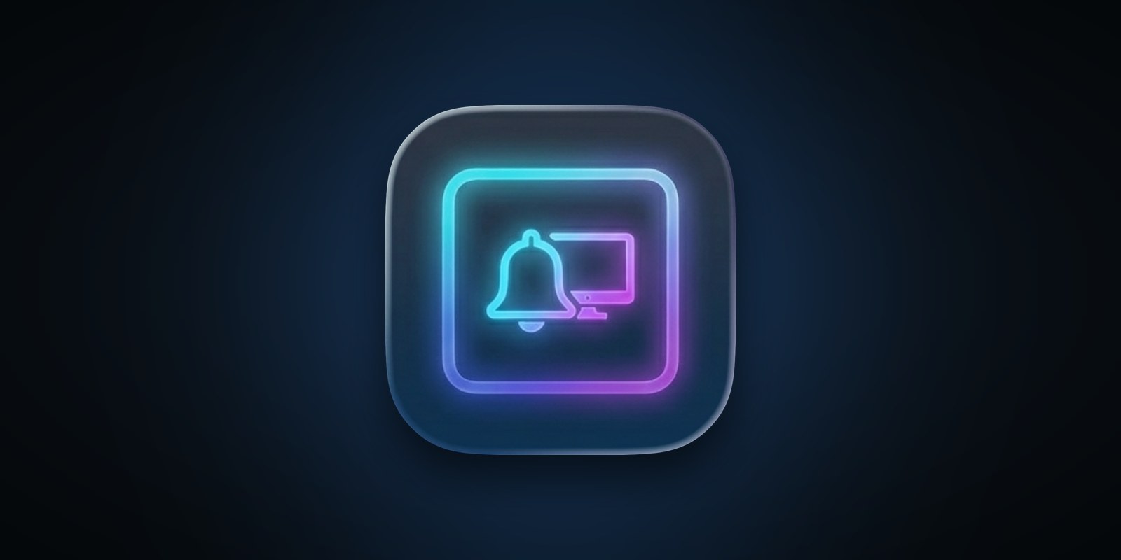 Cloak app icon: a neon-outlined screen holding a bell and a monitor, on a dark tile
