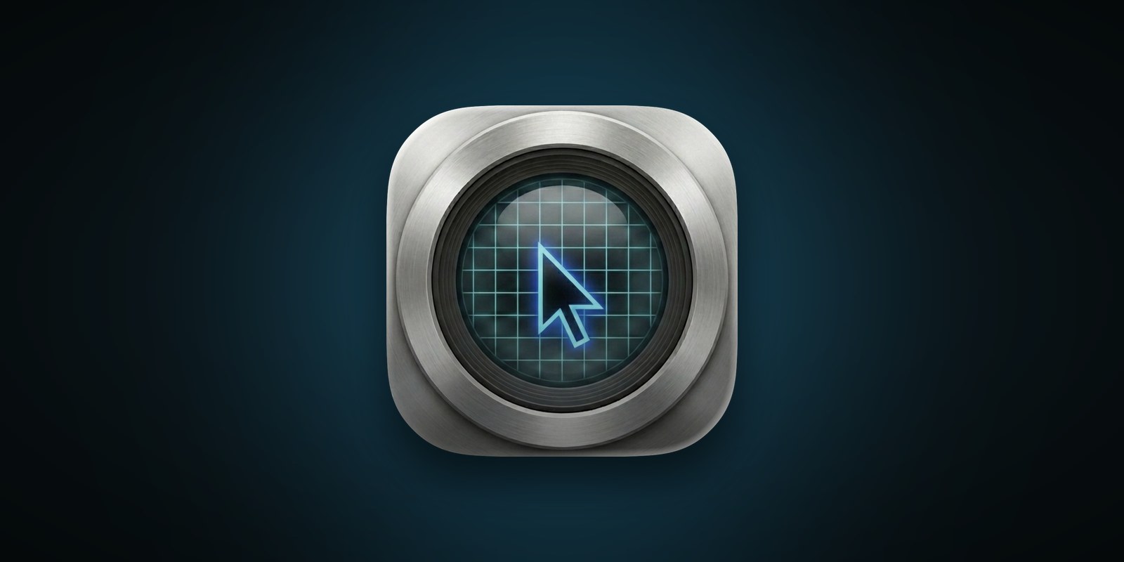 Sleeve app icon: a brushed metal porthole framing a glowing blue cursor arrow on a grid