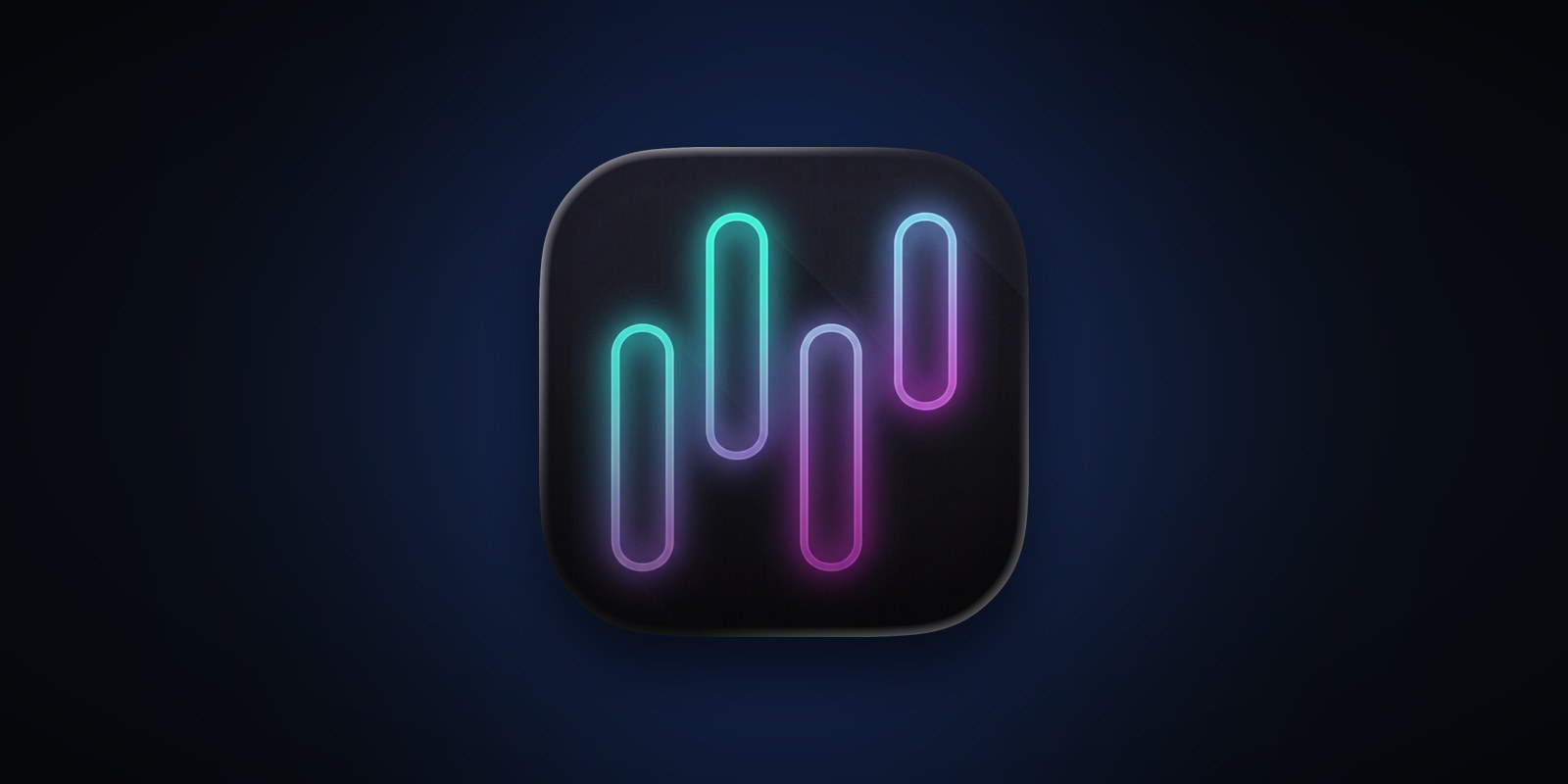 TARS app icon: four neon vertical bars of varying height on a dark tile, like a folded slab