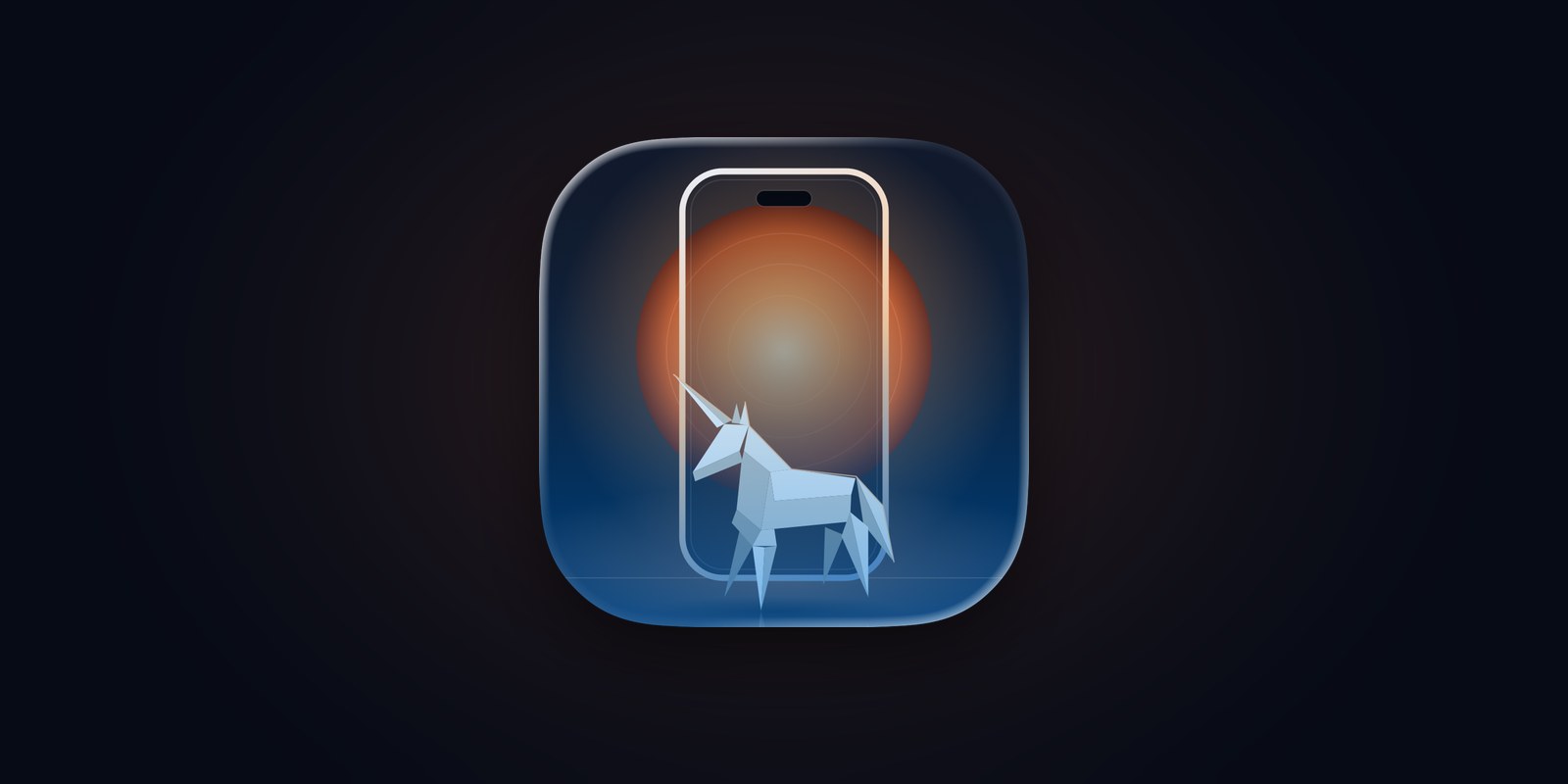 Voight app icon: an iPhone outline in front of an amber sun, with an origami unicorn