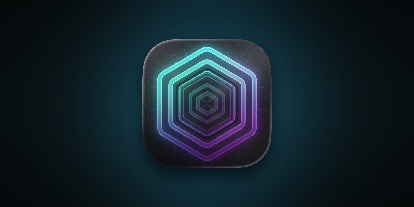 Zen app icon: concentric neon hexagons on a dark tile, teal fading to violet